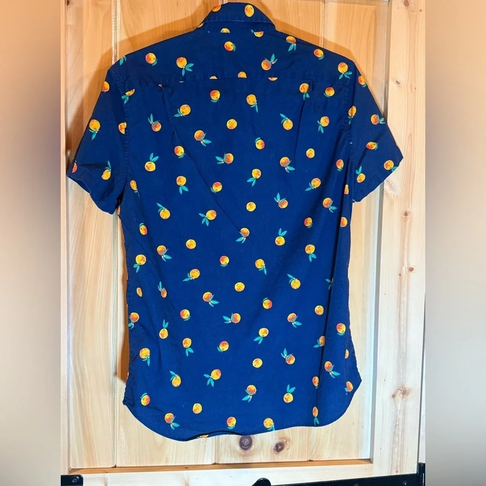 J. Crew Slim Fit Short Sleeve Navy Oranges Novelty all over, size Small